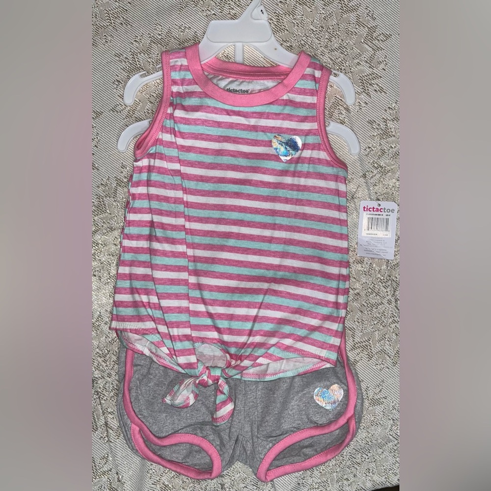 NWT! Tic Tac Toe Pink and Gray Striped Tank Top Toddler Girl Size 4T